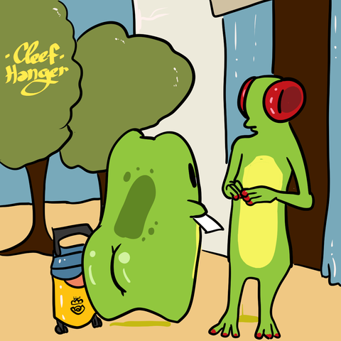 Froggelio with a "carrito de correos" handing a card to Frogencia in her house door.