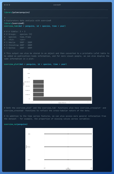 Code showing the output of overview_tab(), overview_plot() and overview_na(). The functions come from {overviewR} and are applied to the {penguins} dataset. Unfortunately, the alt text doesn't allow a full print of the content - this is why I am not adding the full content here.