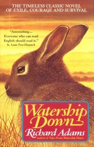 Cover of Richard Adams' Watership Down. A brown rabbit sits in yellow grass facing left, ears halfway back. The sky is yellow with orange clouds.