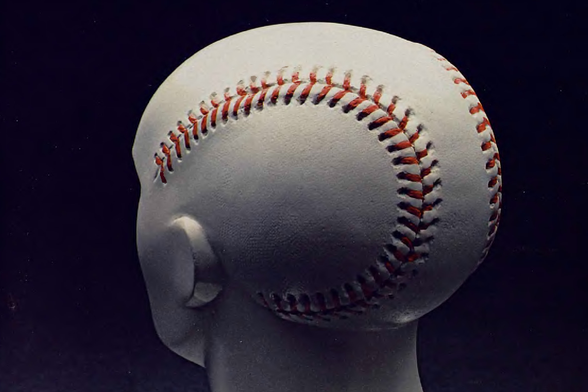 1984 

The image shows the outline of a human head made from what appears to be a baseball bat, with stitches resembling those found on a ball.
Tags: artistic sculpture, baseball motif, dark background