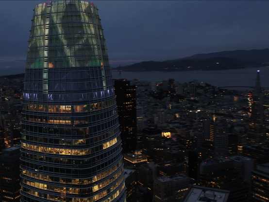 A still from drone footage of "If, as it advanced, the countermap’s counter twirled the map around and down, spiraling out from Salesforce Tower to Bolinas as unwaveringly as the boléro." (If Map #5).