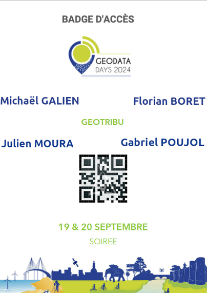 Badge d'entrée aux #GeoDataDays 2024 au nom de Geotribu et des contributeurs qui y seront.