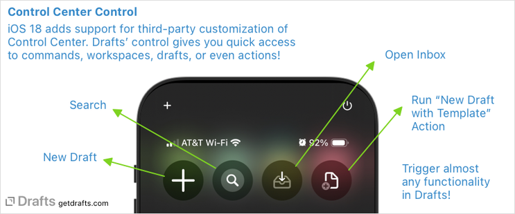 Screenshot showing Drafts controls in action on an iPhone running iOS 18.