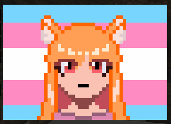 in game pixel art of bust up frontal view of holo from spice and wolf with trans flag in background