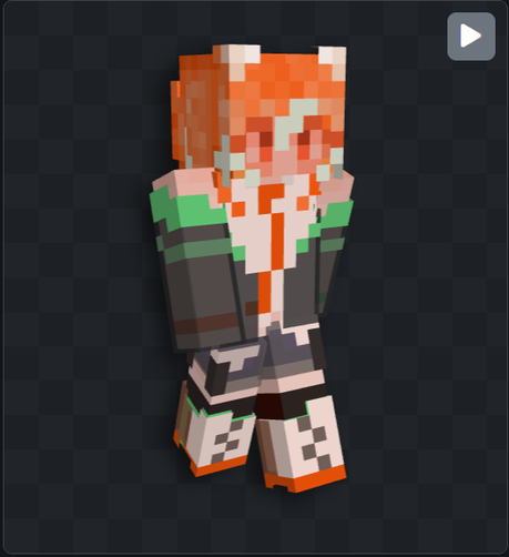 screenshot of my skin/oc in namemc model preview; 3/4 view. black translucent jacket with double band green horizontal stripes at top, white shirt orange tie, hot pants and translucent skirt, frutiger aero esque white boots with orange bottom and translucent back half. orange hair white highlights and fox ears. rosy face and shoulders.