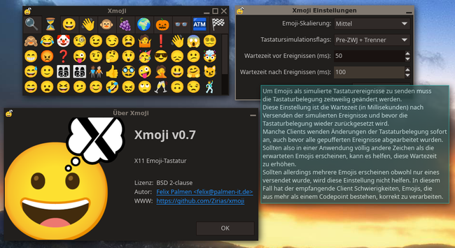 Xmoji running with LC_MESSAGES=de_DE.UTF-8 and showing all german UI texts.