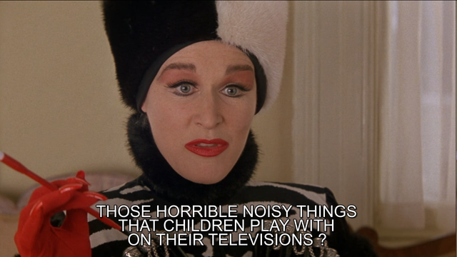 Screencap from the 101 Dalmatians talking about video games  where Cruella DeVil is saying "Those horrible noisy things that children play with on their television?"