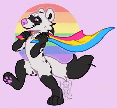 A Pride YCH (Your Character Here) of a chibi spotted raccon proudly holding the pansexual flag as a cape, with the rainbow flag in the background