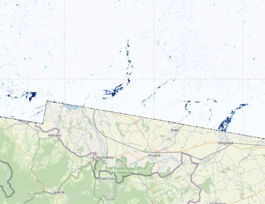change maps between the two radar images where areas in deep blue show water anomalies