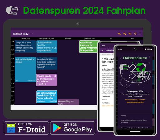Screenshots der Datenspuren 2024 Fahrplan App für Android Tablets und Smartphones.