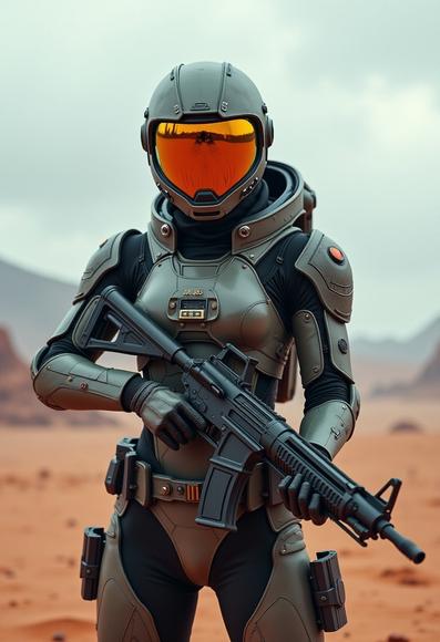 female sci-fi trooper at alien planet in helmet holds a gun