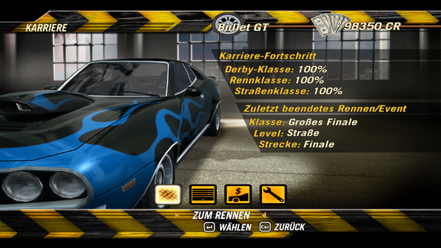 Screenshot of the video game Flatout 2 showing 100% progress in the game career.