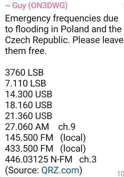 Guy (ON3DWG) | Emergency frequencies due to flooding in Poland and the Czech Republic. Please leave them free.

3760 LSB
7.110 LSB
14.300 USB
18.160 USB
21.360 USB
27.060 AM ch.9
145.500 FM (local)
433.500 FM (local) 
446.03125 N-FM ch.3 (Source: QRZ.com)