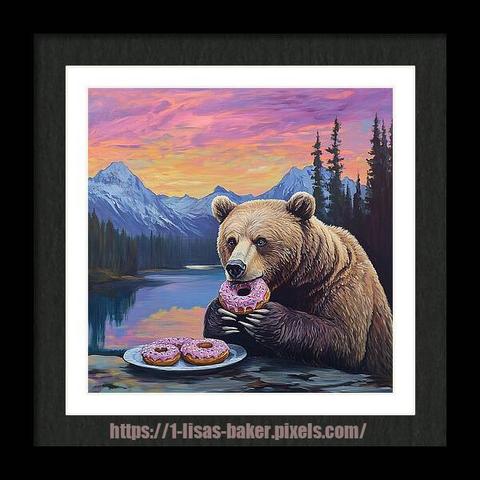 A framed print of a grizzly bear eating a sprinkled frosted donut with a plate of additional donuts. The background is of nature, with mountains, a lake, pine trees and a beautiful sunset. Art by Lisa S Baker.