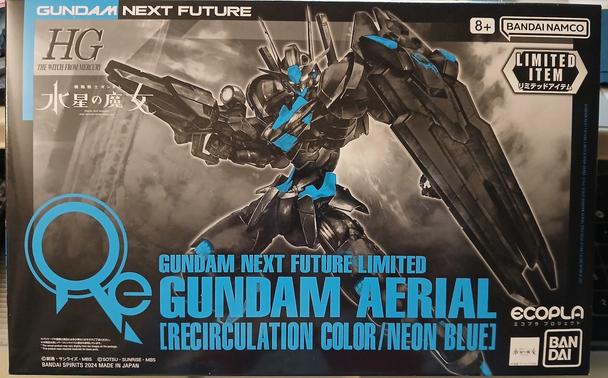 Box image for the Gundam Aerial Ecopla model kit, showing the Aerial in a battle pose. The Gundam is mostly black with minimal neon blue highlights.