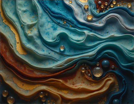 Flowing, sculptural textures in a rich colors graded from brown to teal to blue, encrusted with scintillating glass beads and gold accents. Abstract style.