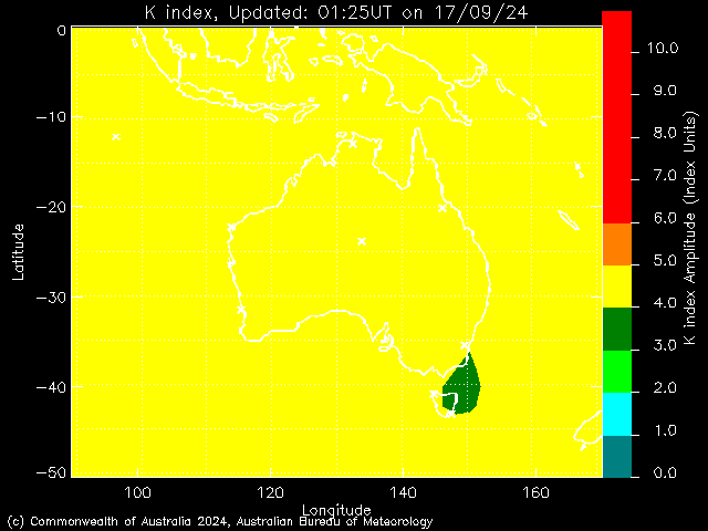K index showing for Australia, PNG and New Zealand outlined in white. Everything is yellow, indication a K index of 4 and above, except for a patch to the top right of Tasmania, which is dark green, 3 and above.