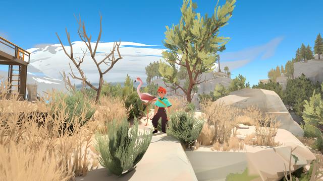 A screenshot I took in the video game Caravan SandWitch. It shows the main character Sauge standing beside a flamingo in an open desert like area.