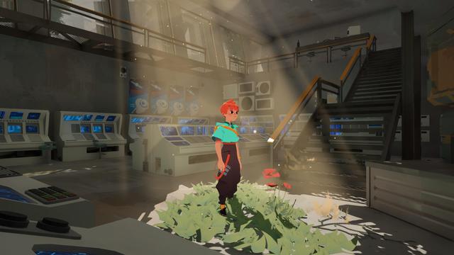 A screenshot I took in the video game Caravan SandWitch. It shows the main character Sauge standing on a small island of green grass and a red flower inside a computer filled building with rays of the sun lightning her from above through a hole in the ceiling.
