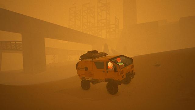 A screenshot I took in the video game Caravan SandWitch. It shows the main character Sauge and Rose (an elderly habitant of Cigalo) driving through a landscape filled with orange mist.