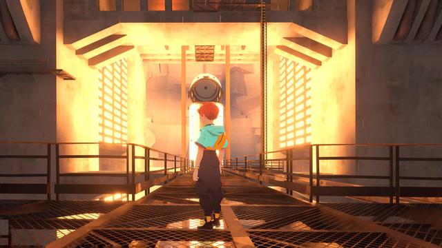 A screenshot I took in the video game Caravan SandWitch. It shows the main character Sauge on her way to a capsule in a launch center.