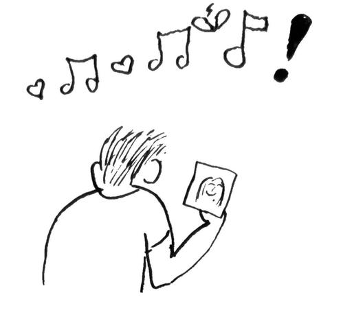 Man looks at a photo of a feminine face. Emotive crescendo music notes with love hearts and a broken heart finishing with a "!".