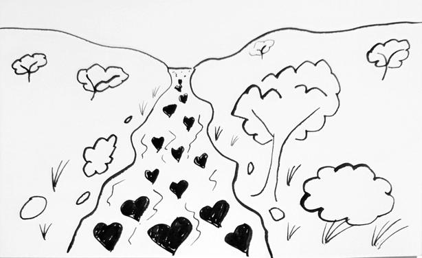 A river flows through the bush. Many hearts are in the river.