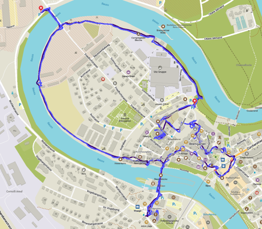 Stadtplan von Bremgarten, der eine nach unten rechts geöffnete Flussschleife zeigt. Darin sichtbar der aufgezeichnete, gewanderte Weg einmal im Kreis und mittendrin ein Gewusel aus Wegen.