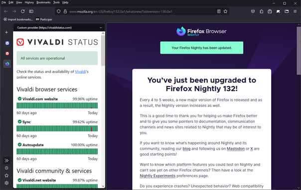 Copie d'écran de #Firefox 132 (Nighly) avec le panneau de ChatBot-AI modifié pour utiliser à la place un service plus utile (VivaldiStatus, par exemple).
Cette version de Firefox permet aussi de placer les onglets verticalement.