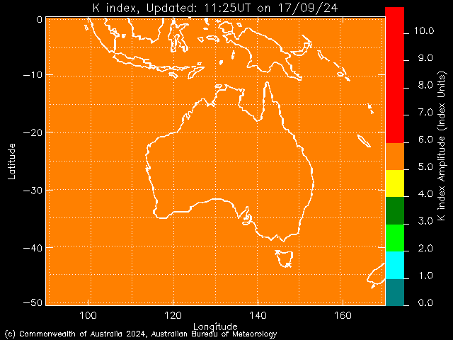 K index map for Australia and surrounds, everything is orange, indicating between 5 and 6.