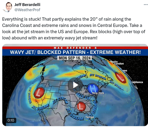 Screen shot showing stuck jet stream, which Jeff Berardelli says explains all the extreme rain/snow across the Carolina Coast and Central Europe