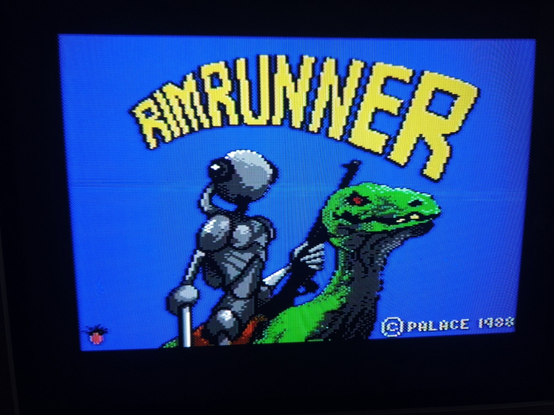 A snap of the title screen for Rimrunner with a cool pixel art rendition of an alien humanoid insect riding a green raptoresque mount.