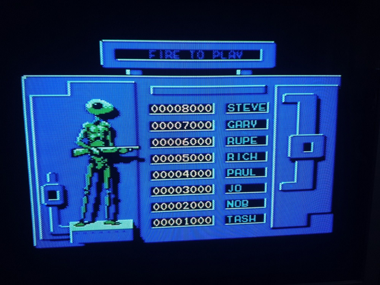 The nifty stylized high score table with the rimrunner standing with a shotgun to the left of the entries