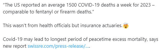 "The US reported an average 1500 COVID-19 deaths a week for 2023 – comparable to fentanyl or firearm deaths.”

This wasn’t from health officials but insurance actuaries.🤯

Covid-19 may lead to longest period of peacetime excess mortality, says new report..."

Link to press release: https://www.swissre.com/press-release/Covid-19-may-lead-to-longest-period-of-peacetime-excess-mortality-says-new-Swiss-Re-report/