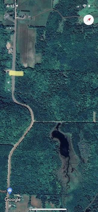 Aerial view of a forested area with a road running through it. Several small structures are visible near the top left. A body of water is located towards the bottom right, surrounded by trees.