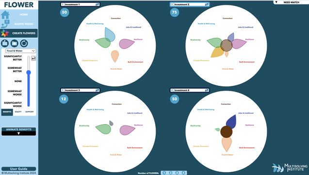 screenshot of the FLOWER interface. there are controls on the left and four circles each with different colorful designs featuring "petals"