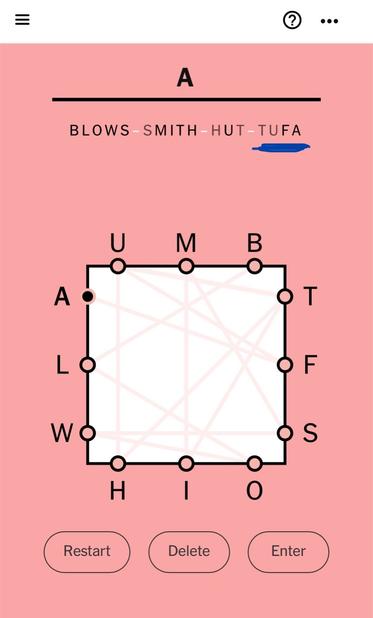 Screenshot of today’s LetterBoxed from the New York Times. My answers, in order, were:

Blows
Smith
Hut
Tufa