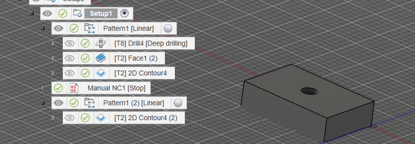 A screenshot of Fusion 360 showing a small rectangle with a drill hole in the middle. The programming is also visible and is described in the main post.