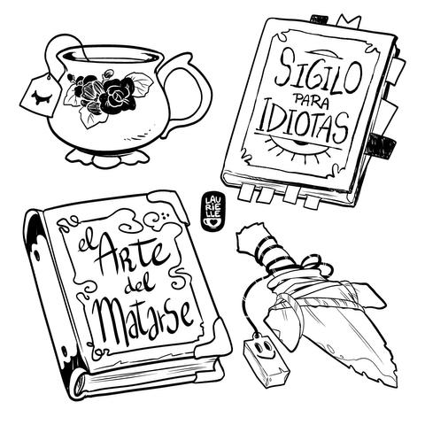 Varios objetos de aventureros (una taza, un par de libros, un puñal)