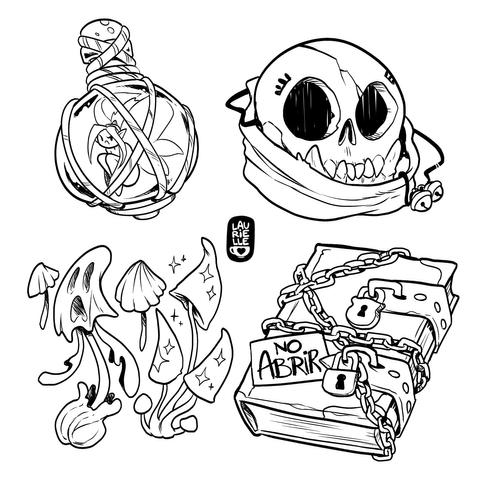 Varios objetos encontrados en una mazmorra (setas mágicas, un hada, una calavera, un grimorio)