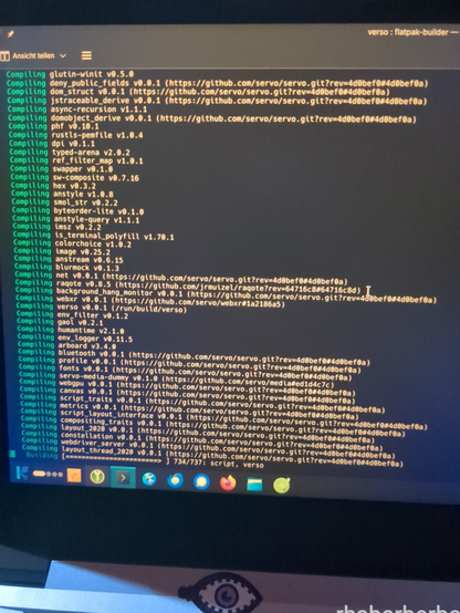 screen showing a KDE Plasma desktop, in the terminal verso is compiling

a CWTCH eye sticker on the laptop