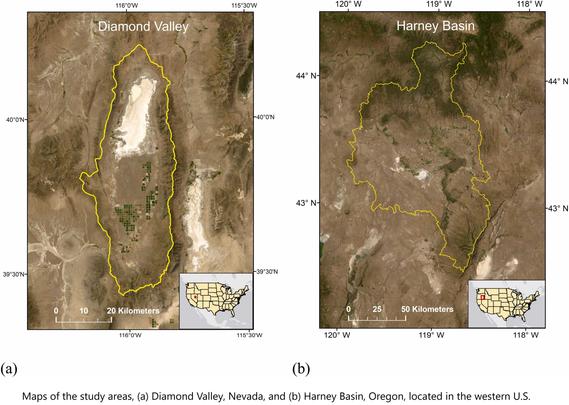 maps - study areas, (a) Diamond Valley, Nevada, and (b) Harney Basin, Oregon, located in the western U.S.