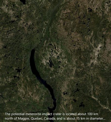 Google Maps image - The potential meterorite impact crater is located about 100 kilometres north of Magpie, Que., and is about 15 kilometres in diameter