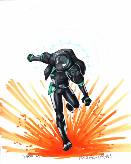 Traditional marker drawing of a masked superhero in a dark gray and teal outfit. There is an explosion of orange behind them as their leg reaches for the camera.