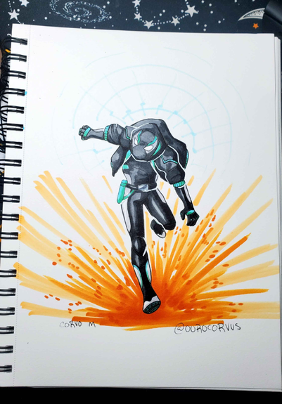 Traditional marker drawing of a masked superhero in a dark gray and teal outfit. There is an explosion of orange behind them as their leg reaches for the camera.