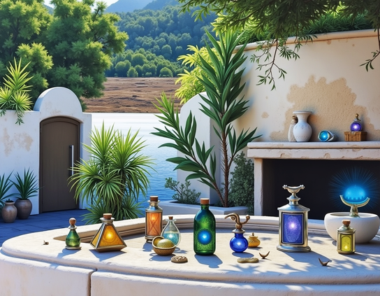 An outdoor shop on a sunny day with magical glowing bottles, potions, and mystical objects arranged on a white stone table, with water, plowed fields, greenery, and mountains in the background.