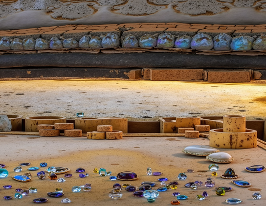 An ancient abandoned arena with a packed sand floor and walls of bricks, stone, and glowing rocks. In the foreground is a play area with a scattered treasure of colorful glass and stone baubles.