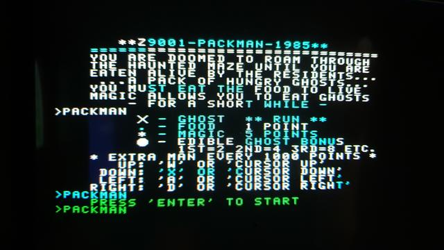 Start screen of the Pac-Man clone called Packman (sic!).

X - GHOST    ** RUN **
. - FOOD        1 POINT
* - MAGIC     5 POINTS
• - EDIBLE     GHOST BONUS