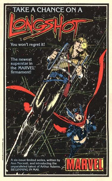 House ad for the Longshot limited series. The ad depicts Longshot and Ricochet Rita flying with jetpacks against a starlit night sky