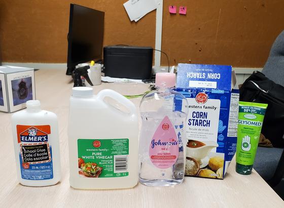 Ingredients to make your own air dry clay.
From left to right:
Elmer's white glue
Western Family pure white vinegar
Johnson's baby oil
Western Family corn starch
Glysomed hand cream